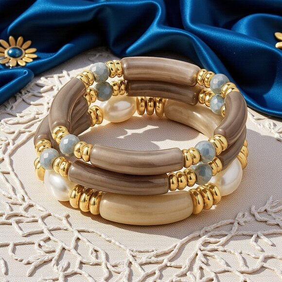 🆕Stacked Acrylic Bracelets w/ Pearls Chunky Retro Y2K Look Boho Luxe Vibe - Picture 1 of 10